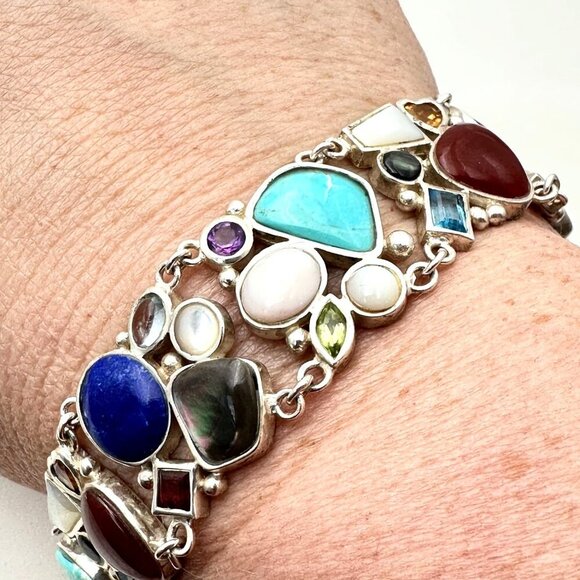HSN Sterling Silver Womens Bracelet Lapis Lazuli Turquoise Multi Gemstone - Picture 1 of 5